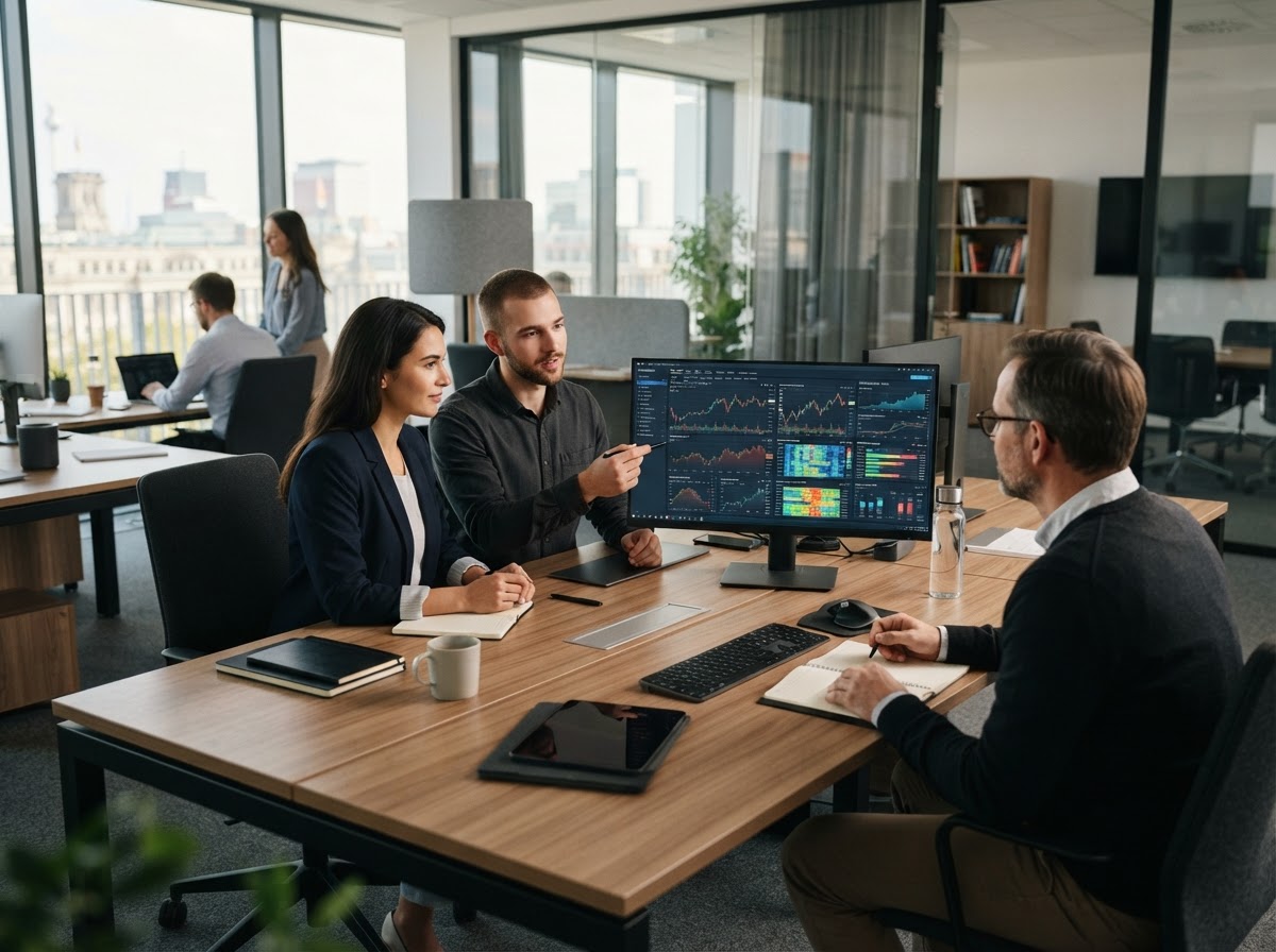 Drei Personen besprechen Daten und Diagramme auf einem Monitor in einem Büro