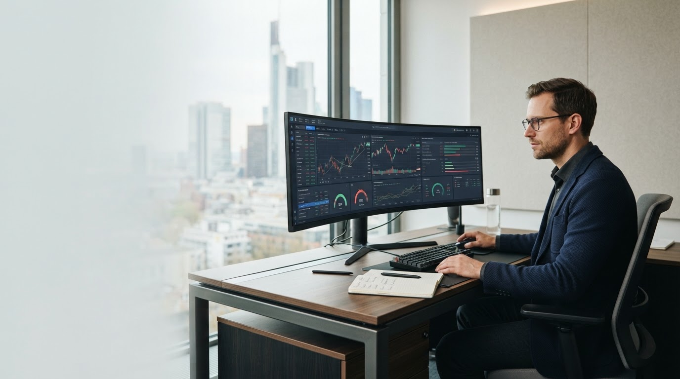 Ein Mann arbeitet an einem Schreibtisch mit einem breiten Monitor mit Finanzdiagrammen